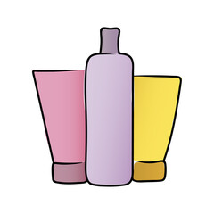 Logo cosmetic company. Tube and a bottle of cosmetics. Hand drawing beauty icon. Vector illustration bottle of cosmetic.