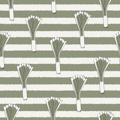 Vector Vegetables Leeks on White and Green Stripes Seamless Repeat Pattern. Background for textiles, cards, manufacturing, wallpapers, print, gift wrap and scrapbooking.