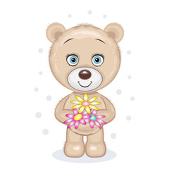 Vector illustration of a toy teddy bear with flowers. Isolated cartoon illustration on a white background.