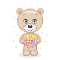 Vector illustration of a toy teddy bear with flowers. Isolated cartoon illustration on a white background.