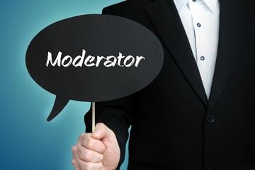 Moderator. Lawyer (Man) holds the sign of a speech bubble in his hand. Text on the label. Blue background - obrazy, fototapety, plakaty