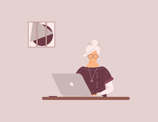 Elderly cute woman work on laptop.Remote work, distance learning or online training during the virus epidemic.Lady trainer,coach or accountant conduct webinar or workshop.Vector colourful illustration