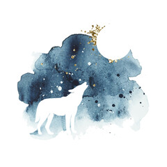 Vector silhouette of wolf howling at the full moon. Watercolor print with isolated animal in dark and golden colors. Night sky. Abstract watercolor vector splash. © GaliChe