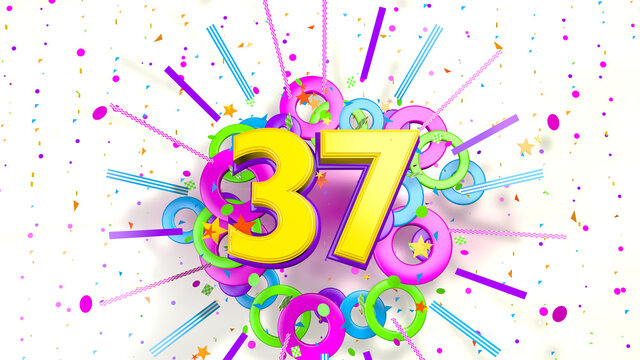 Number 37 for promotion, birthday or anniversary over an explosion of colored confetti, stars, lines and circles on a white background. 3d illustration