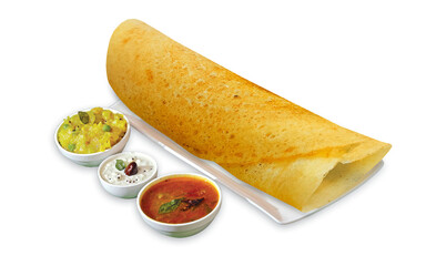South Indian Masala Dhosa or dosa served with sambhar, coconut chutney, red chutney and green chutney, South Indian Breakfast