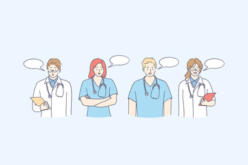 Obraz premium Medical workers doctors communication concept. Young medical staff people cartoon characters standing and talking with speech bubbles vector illustration. Doctor, surgeon, physician, paramedic, nurse
