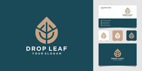 water drop and leaf logo design template and business card