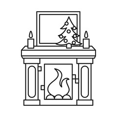 Line art black and white xmas decorated fireplace