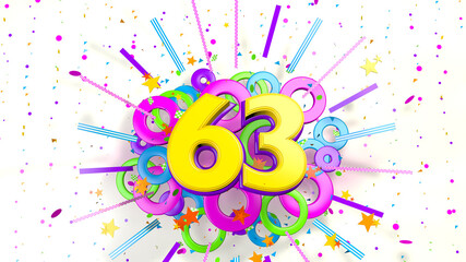 Number 63 for promotion, birthday or anniversary over an explosion of colored confetti, stars, lines and circles on a white background. 3d illustration.