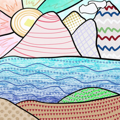 Isolated abstract pattern. Colorful landscape. Dudling.