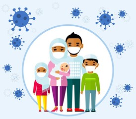 Fototapeta premium Arab family wearing protective medical mask protect them from COVID 19, coronavirus. Concept stop Corona virusflu background. Vector illustration of groupe muslime people men, women, children 