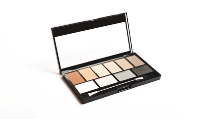 Set of nude brown eyeshadow in a palette in black case on white background