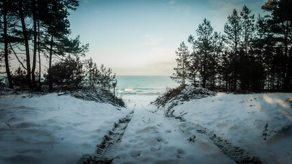 Zejście zimowe na plażę - obrazy, fototapety, plakaty