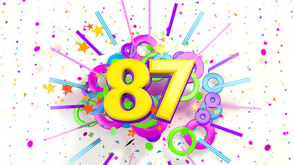 Number 87 for promotion, birthday or anniversary over an explosion of colored confetti, stars, lines and circles on a white background. 3d illustration
