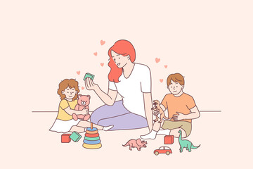 Playing with children, nanny, mother concept. Young smiling woman teacher and happy toddlers children boy and girl building pyramid using hoops at kindergarten or at home vector illustration 