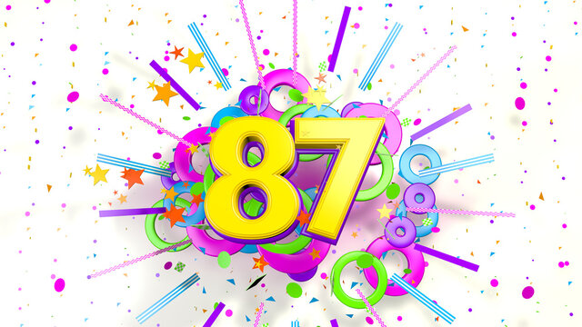 Number 87 for promotion, birthday or anniversary over an explosion of colored confetti, stars, lines and circles on a white background. 3d illustration