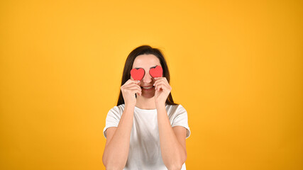 Blind female love concept, on yellow background