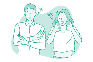 Various emotions and contrasts in couple concept. Young frustrated man standing showing no protest sign with hands while his positive smiling girlfriend showing thumbs up positive gesture with fingers
