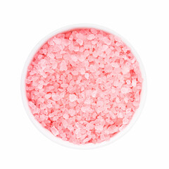 SPA concept. Pink bath salt in bowl isolated over white with clipping path.