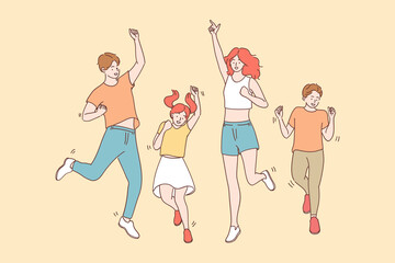 Achievement, joy, celebration concept. Happy cheerful joyful big family with children jumping together celebrating luck and feeling great having fun vector illustration 