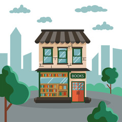 Urban landscape with bookstore window. Facade store building in flat style. Urban small shop isolated on white background. Vector illustration