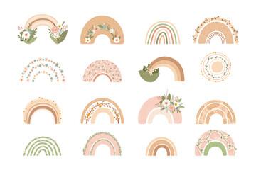 Collection cute rainbows with flowers in pastel colors isolated on white background for kids. Illustration in hand drawn style for posters, prints, cards, fabric, children's books. Vector - 405186305