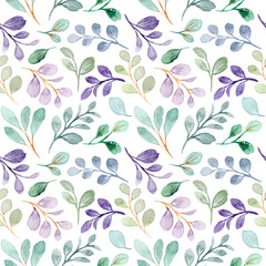 Green purple leaves watercolor seamless pattern