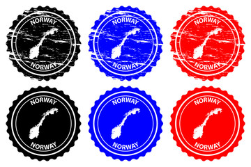 Norway - rubber stamp - vector, Norway map pattern - sticker - black, blue and red