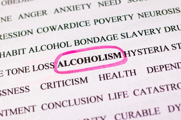 Highlighting the word alcoholism in in english word set with a pink marker. The problem of alcohol dependence, for social advertising. Bad habit. Magnifying glass view.