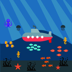Naklejka premium submarine in underwater with sea animals of jelly fish sea horse gold fish octopus starfish algae flat concept icon design