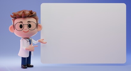 3D Rendering illustration of cute doctor character, explaining, introducing, pointing at blank banner, board with copy space