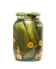 glass jar of pickled cucumbers on white background