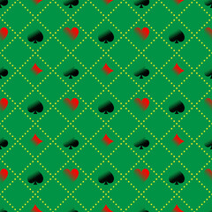 Vanishing playing cards symbols. The seamless vector pattern on green background