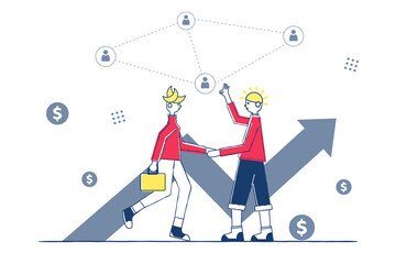 Two business partners handshaking. Goals planning and strategy business concept. Business man and woman doing business deal about investment and financial, vector illustration for graphic design