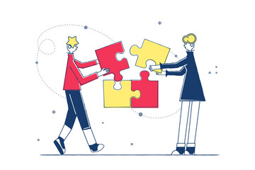 Fototapeta premium Business team character solving jigsaw pieces together isolated on white. vector illustration. cartoon partners man and woman working in connection. teamwork, partnership and cooperation concept