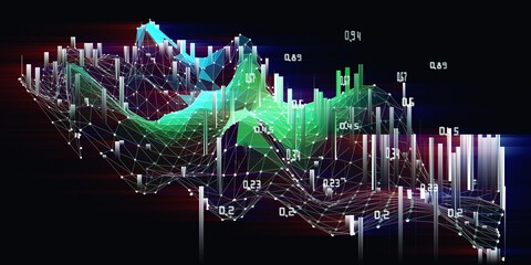 Big data. Abstract  background  polygonal wave grid with data and blurred lines on dark. Concept blockchain.  Banner for business, science and technology.