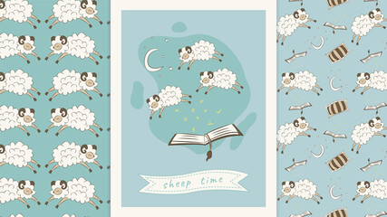 Naklejka premium Sleep time - Sheep time. Seamless pattern for wallpaper or bedding in the kids room. Cartoon poster on the wall. Funny gift card. Count the lambs before bed. Children's prints.