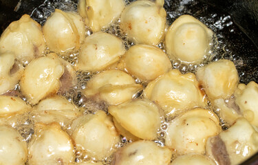 Fried ravioli dumplings in a pan.