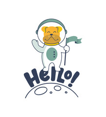 Lettering phrase - hello. The astronaut character is on a planet with a flag