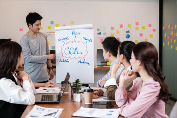 Portrait businesspeople standing by white board and giving presentation to colleagues during meeting in conference room. explaining something meeting to colleagues. Project results.