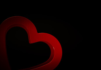 Valentines day card concept with copy space. Red heart outline on the black and dark background.