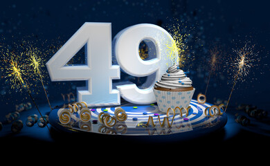 49th birthday or anniversary cupcake with big white number with yellow streamers on blue table with dark background full of sparks. 3d illustration