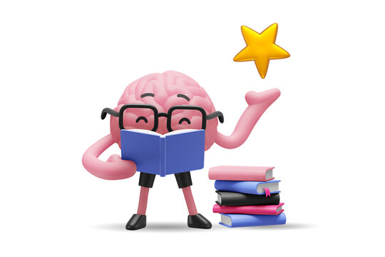 3d illustration of brain cute character in glasses