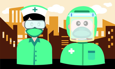 Vector of medical team using prevention equipment from coronavirus or Covid 19 infection.
