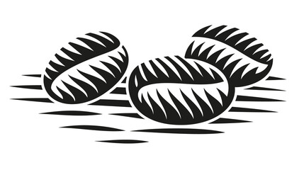 A black and white vector illustration of coffee beans in engraving style