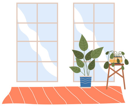 Living room with two transparent windows and potted plants on the wooden stand and a carpet. Inside view of the interior apartment with daylight. Contemporary furniture, empty space for design