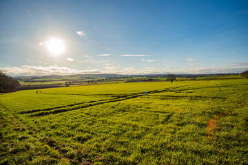 green field and beautiful mountain panorama at billiger berg near eiffel in the sun at euskirchen, germany