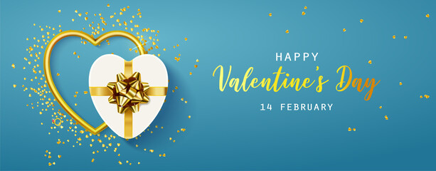 Happy Valentine's Day horizontal banner for the website. Romantic background with realistic design elements, gift box and metal hearts strewn with confetti