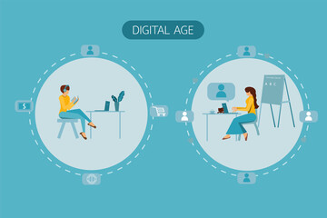 Social distancing concept, two women sitting and working on laptop and other reading book by board object in middle to protect Coronavirus or covid-19 flu, sitting far about 1-2 meters