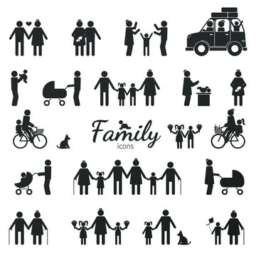 Collection of icons of figures of people isolated on white background. Parents and children, grandparents and pets with them. Family Collection Vector Illustrations
